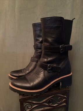 Naturalizer Black Leather Mid-Calf Buckle Heeled Boots